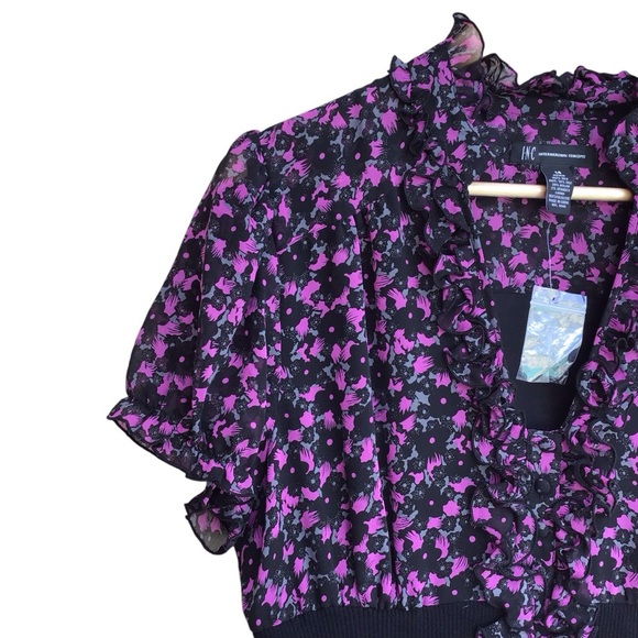 INC International Concepts Silk Floral Short Ruffle Trim Puff Sleeve Blouse New - Picture 5 of 6